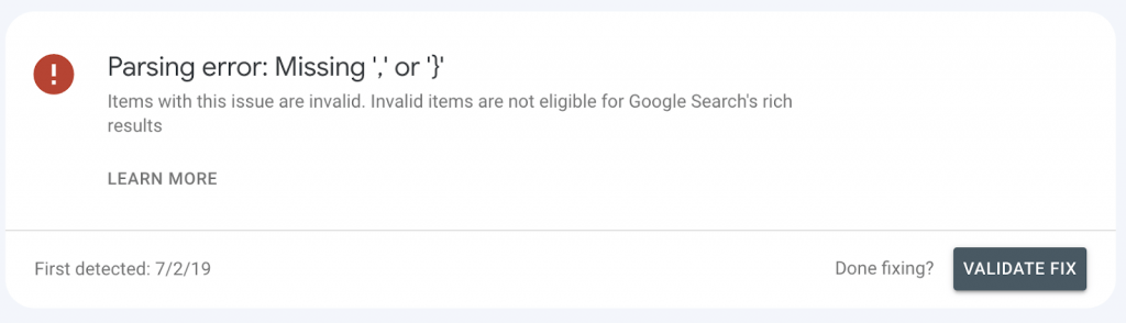 parsing error google search console error