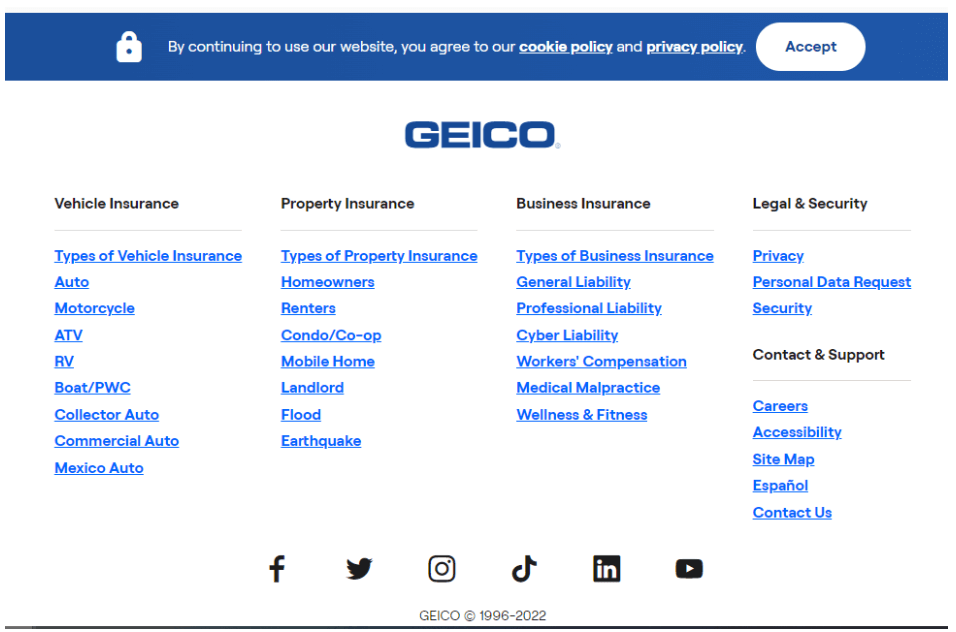GEICO’s website footer in November 2022. Source: geico.com