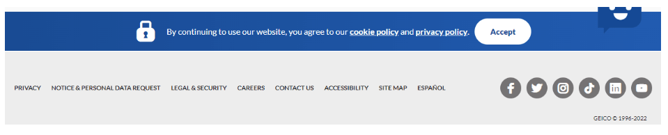 Screenshot of GEICO’s website footer from October 2022. Source: Way Back Machine Web Archive (archive.org/web/)