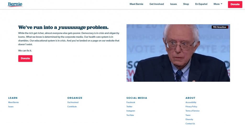 Bernie Sanders site 404 page