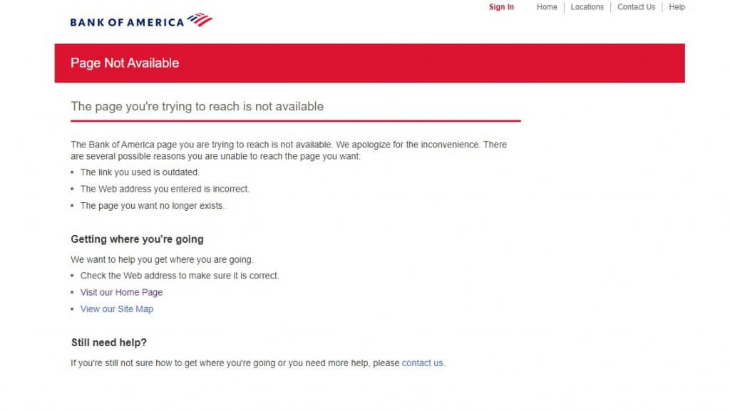 Bank of America 404 page