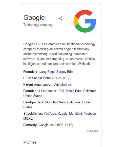 Screenshot of an example of a organisation schema of Google