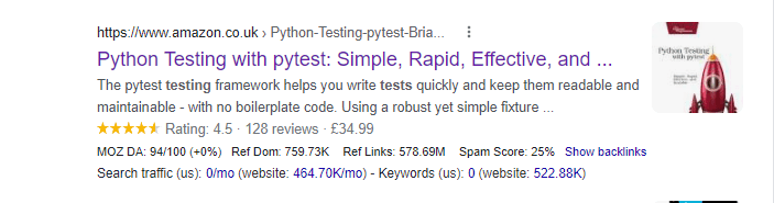 Screenshot of an example of how a product schema would look like on the SERPs