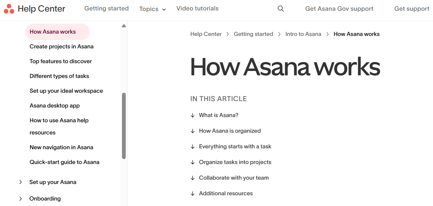 screenshot of Asana guides page showing its content pillars