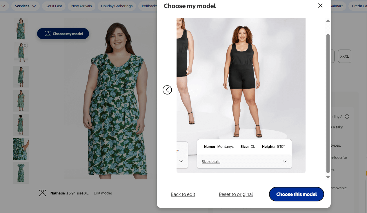 screenshot of virtual try-on technology in action on the Walmart website.
