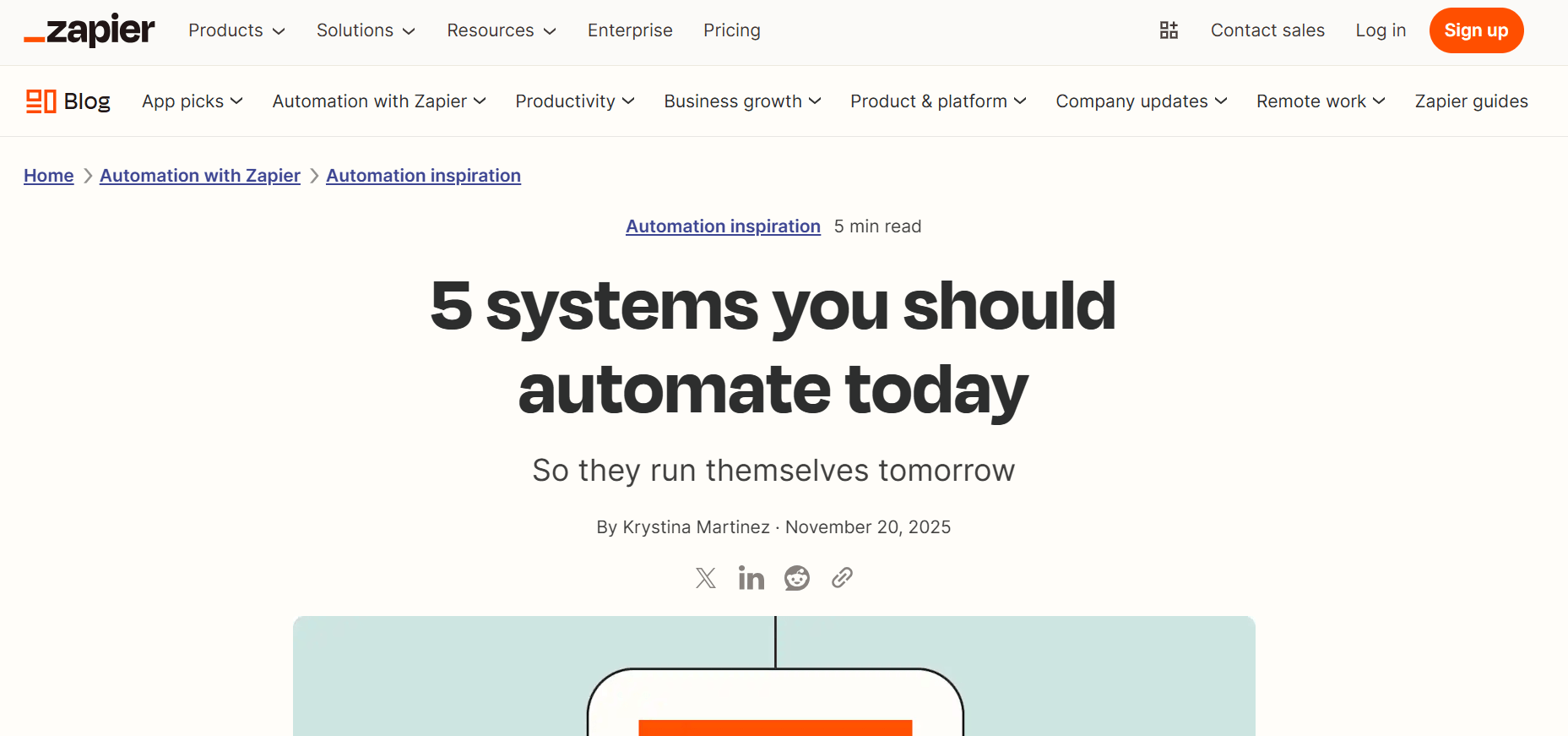 screenshot of 5 systems you should automate today blog post on the Zapier website.