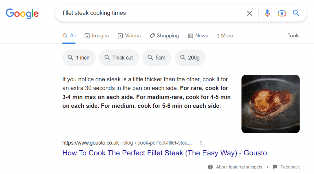fillet steak cooking time - Gousto Featured Snippet in SERP