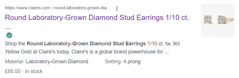 SERP results for round laboratory grown diamond stud earrings