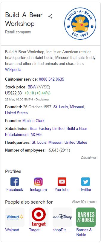 Knowledge panel for Build-A-Bear in SERP