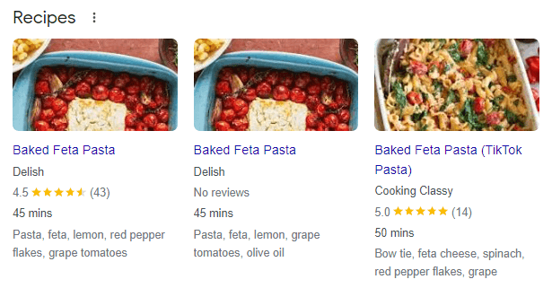 SERP for baked feta pasta tiktok recipe that utilises recpie schema