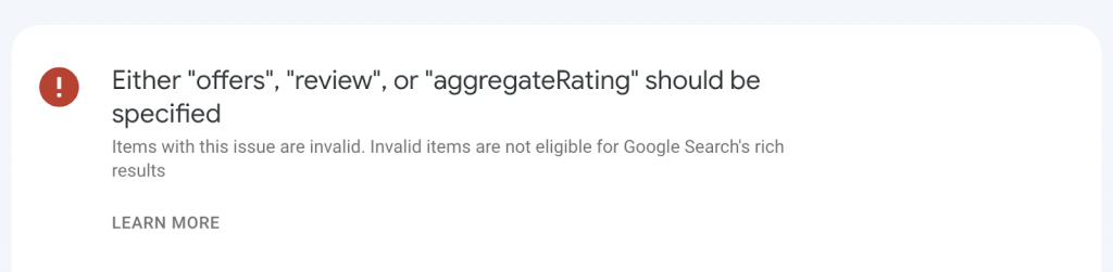 either offers reviews or aggregateRating error in google search console