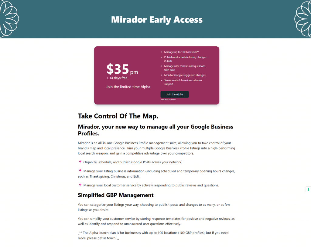 A screenshot of the Mirador pricing page