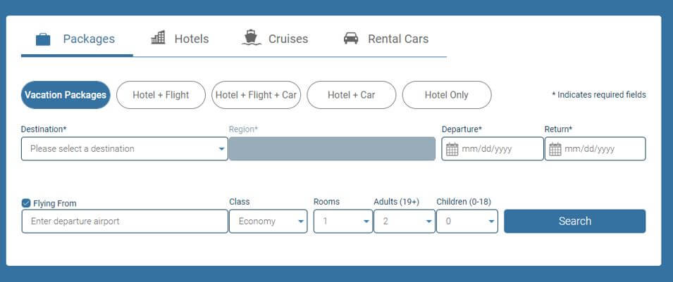 costco travel search and filter example