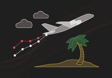 A plane flies over a tropical island