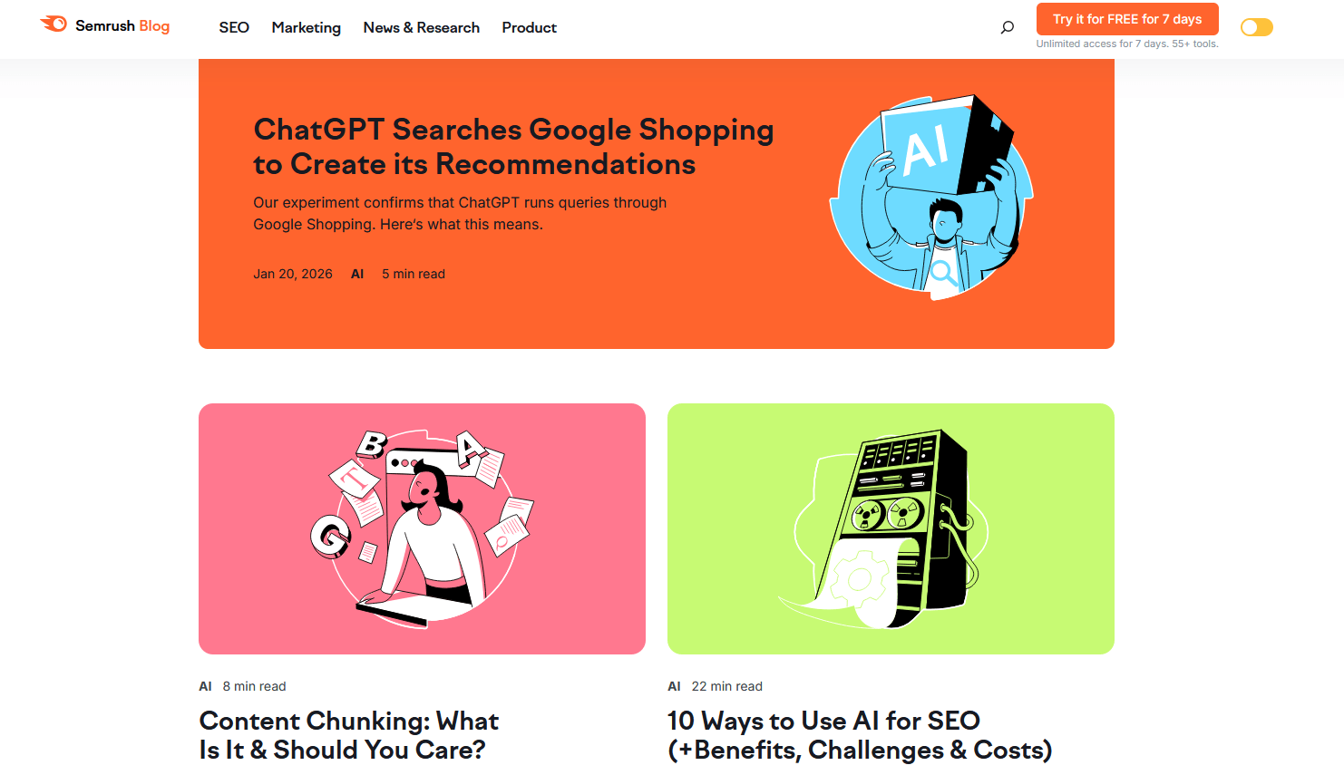 screenshot of SEMrush blog homepage.