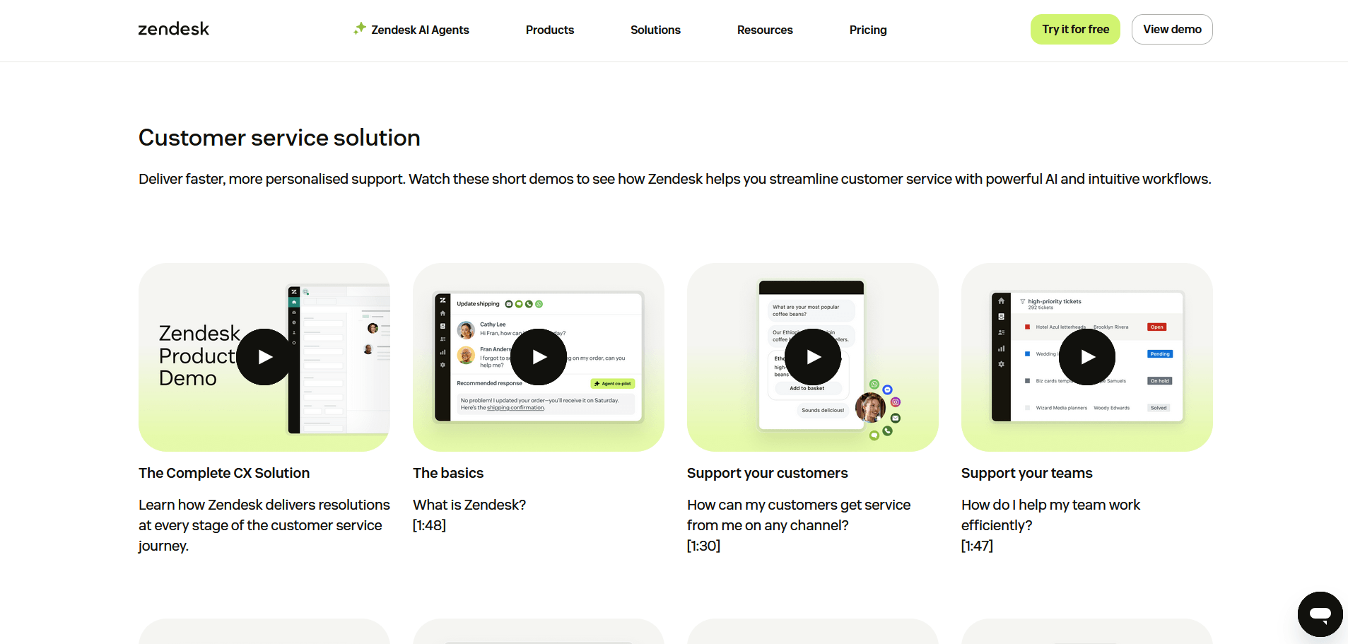 screenshot of Zendesk customer service solution page.
