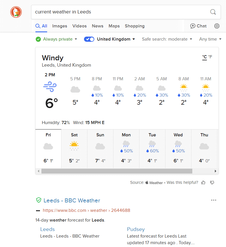 Example of DuckDuckGo Instant Answers feature displaying weather data pulled from Apple Weather