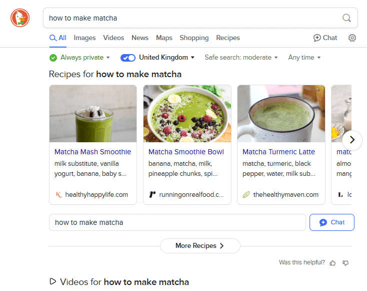 DuckDuckGo Instant Answers feature example for recipe query