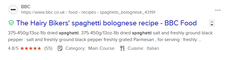 DuckDuckGo search result with recipe schema markup