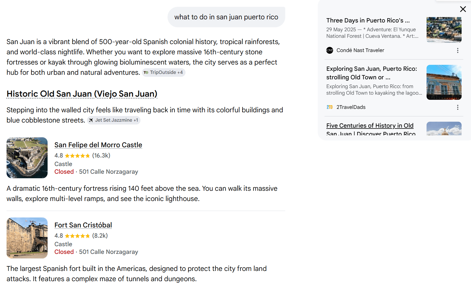 screenshot of search 'what to do in San Juan' in AI Mode.
