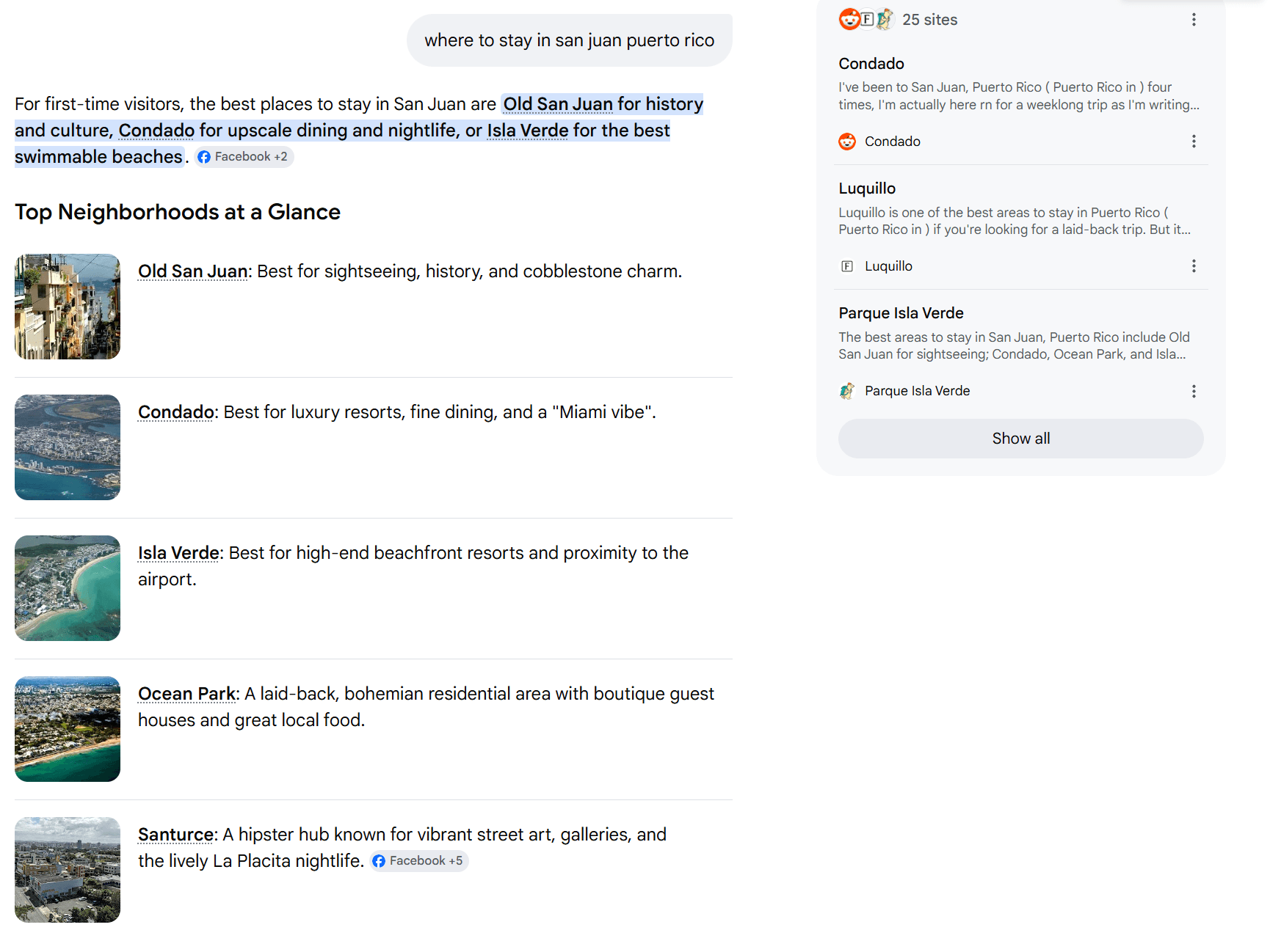 screenshot of search 'where to stay in San Juan' in AI Mode.