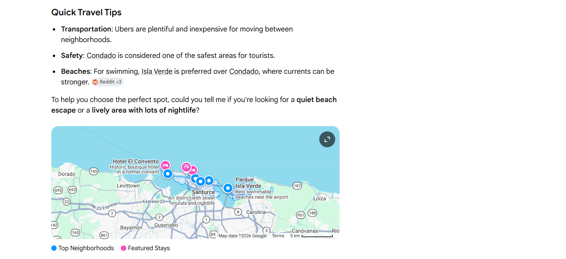 screenshot of search 'where to stay in San Juan' in AI Mode.