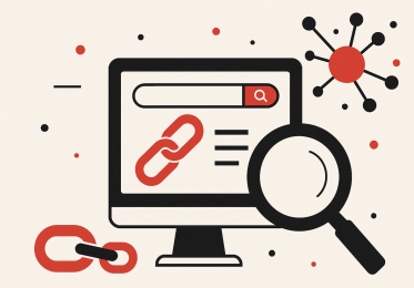 Image featuring a computer screen and abstract icons for links and search to illustrate the blog topic 'backlinks aren't dead'