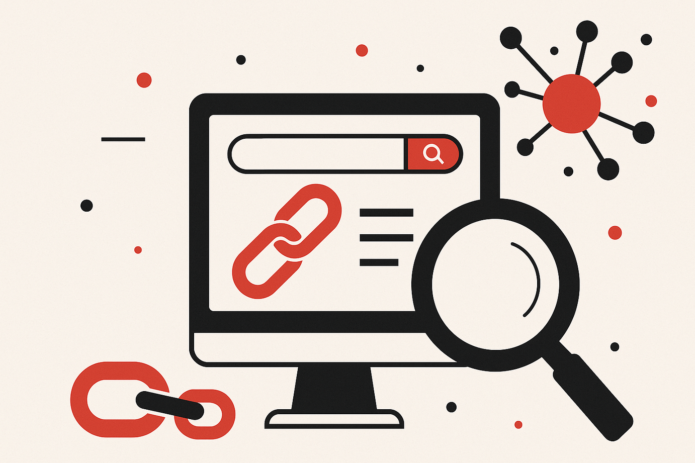 Image featuring a computer screen and abstract icons for links and search to illustrate the blog topic 'backlinks aren't dead'