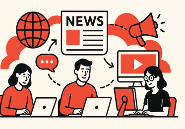 Illustration showing people working at a newsdesk
