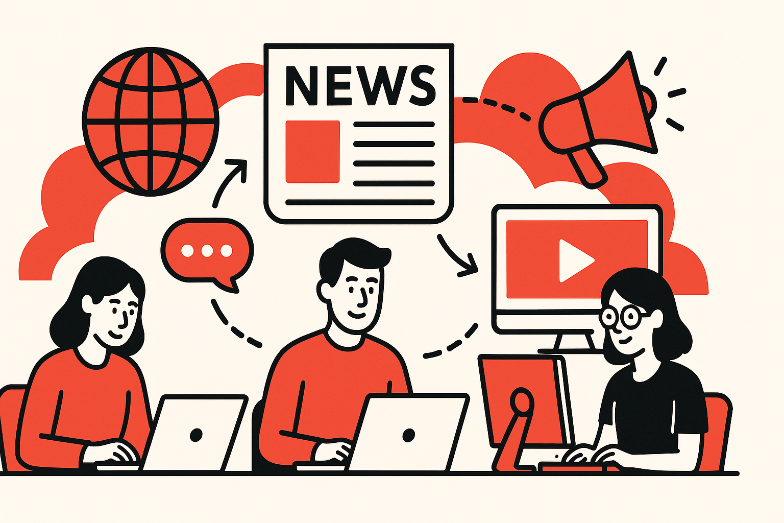 Illustration showing people working at a newsdesk