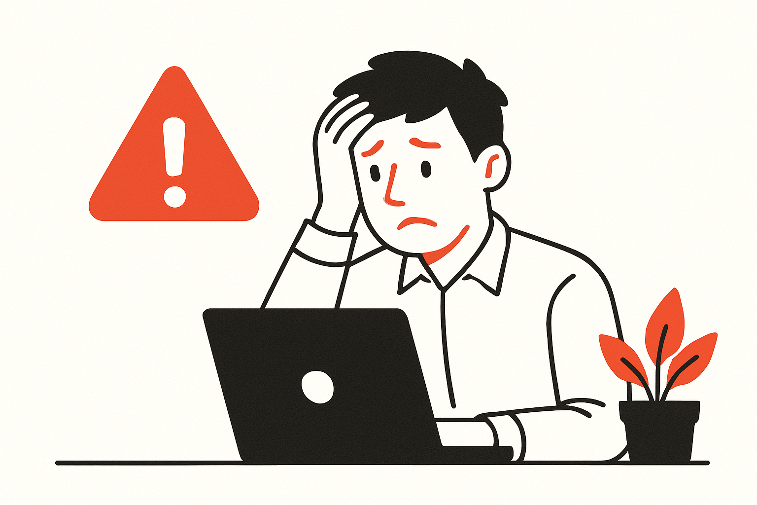 Cover art for a blog post describing the three main mistakes in SaaS content. The illustration features a distressed user looking puzzled at his laptop