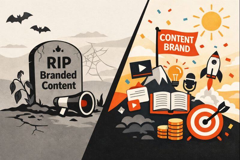 A graphic showing branded content on a tombstone and content brands being the summit of effective content marketing.