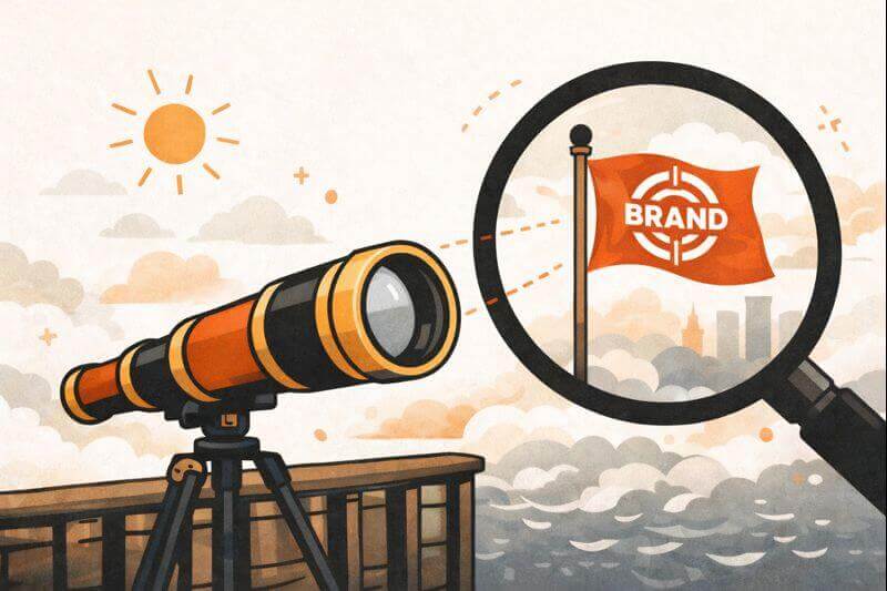 A telescope looking at a flag that says "brand", symbolising brand visibility.