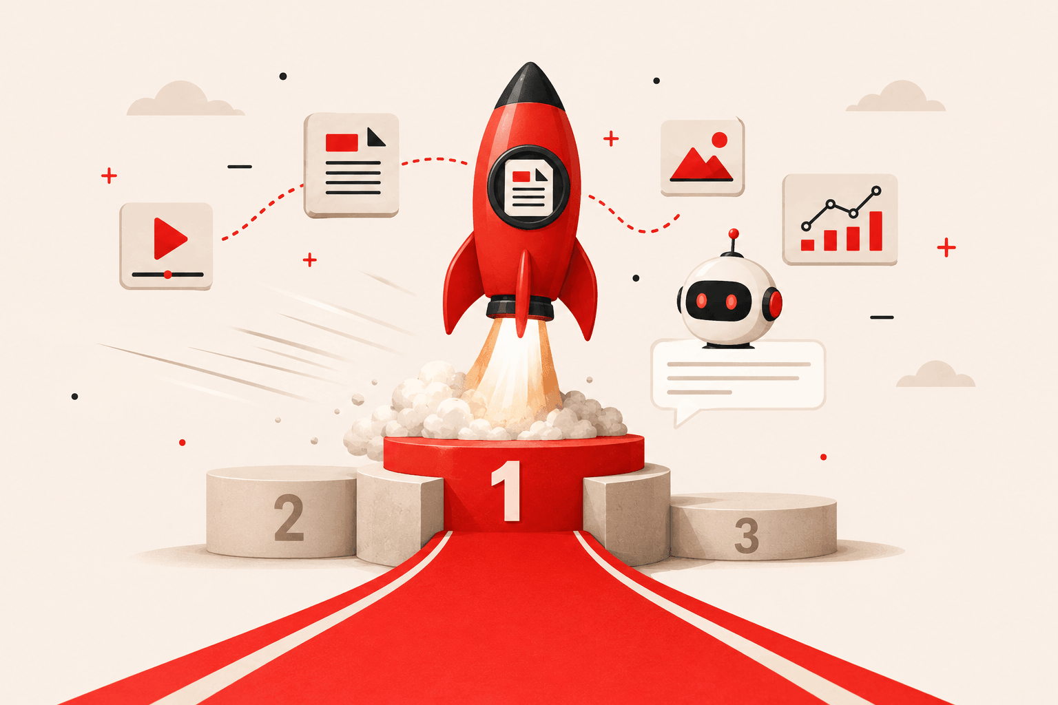 Rocket setting off to symbolise the strength of publishing content first for AI visibility.